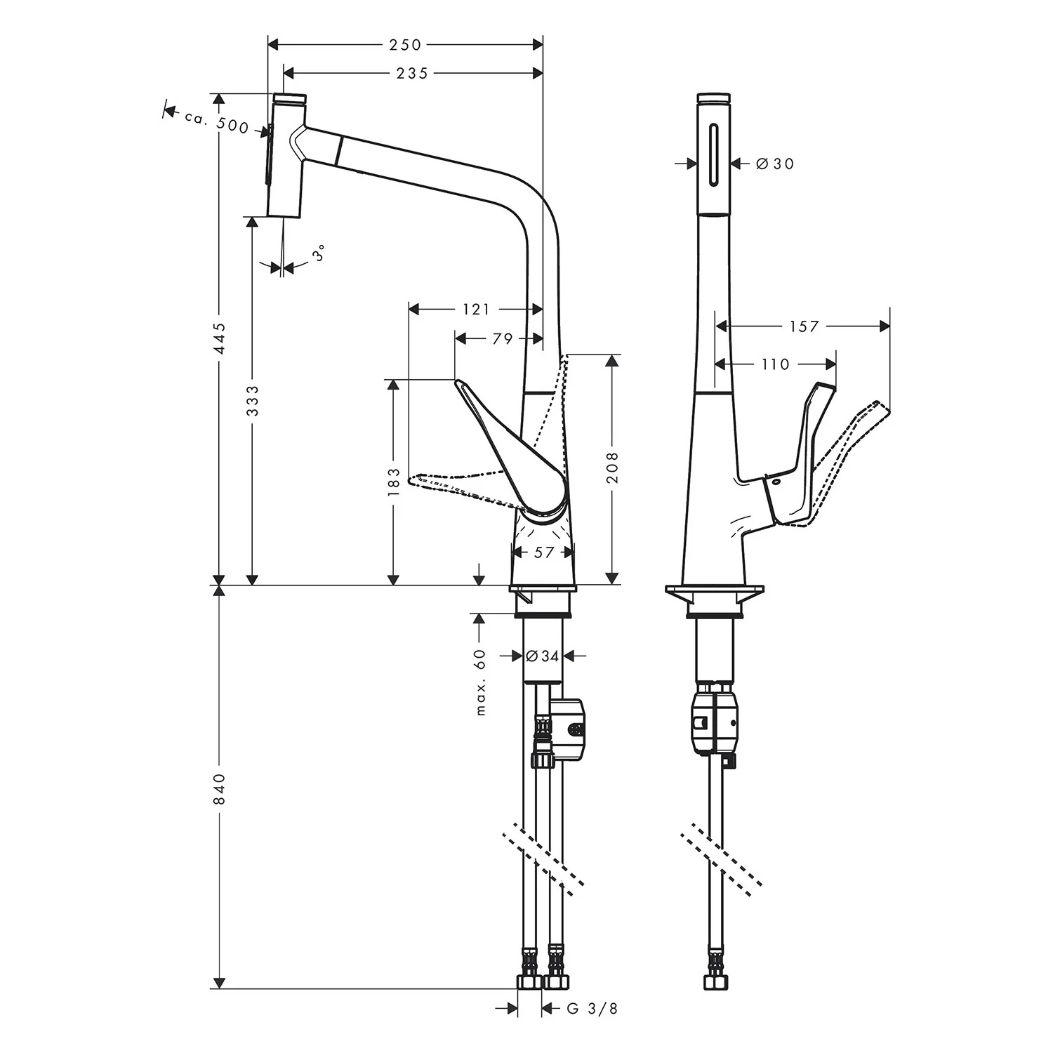 Rysunek techniczny baterii kuchennej z wymiarami, hansgrohe