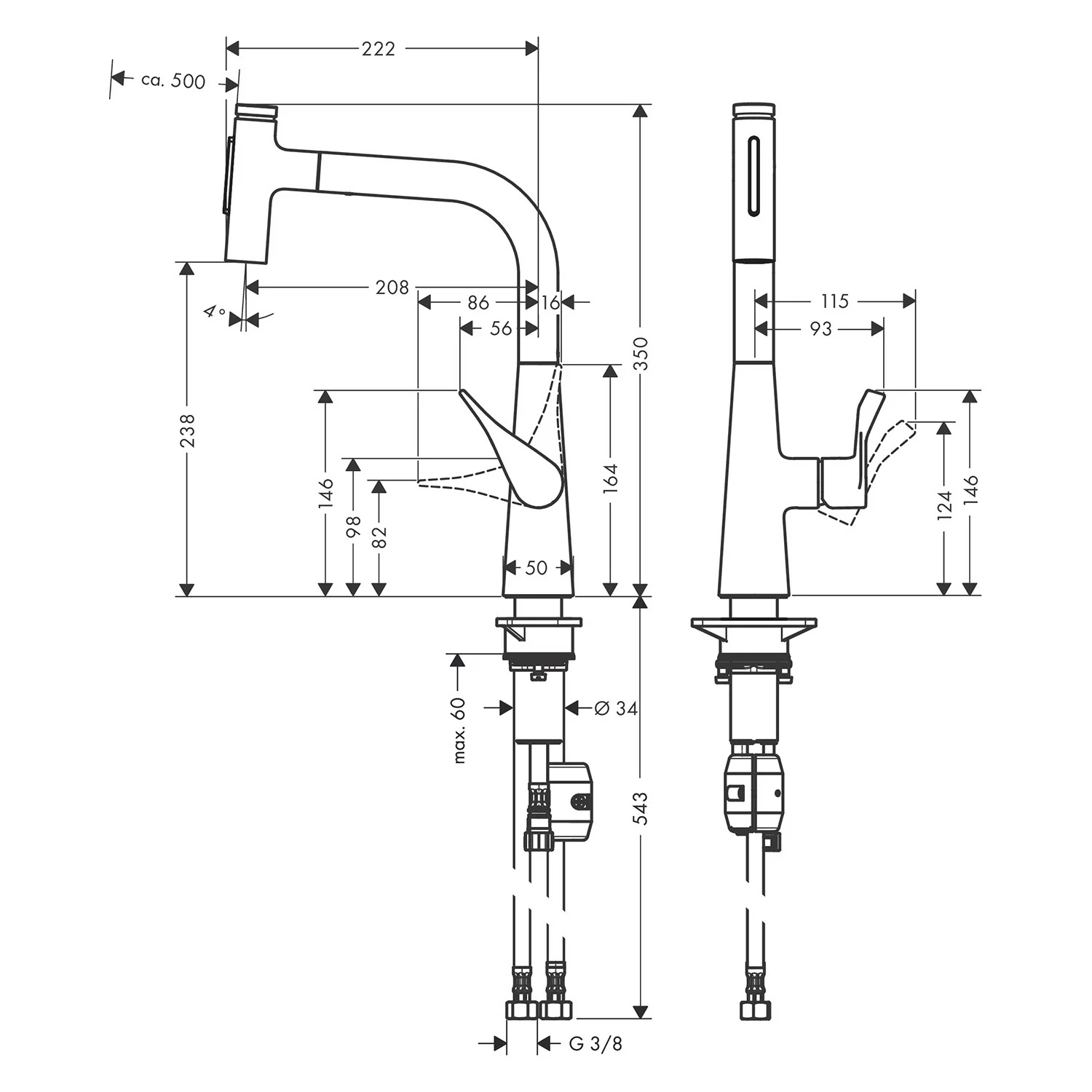 Rysunek techniczny baterii kuchennej z wymiarami, hansgrohe