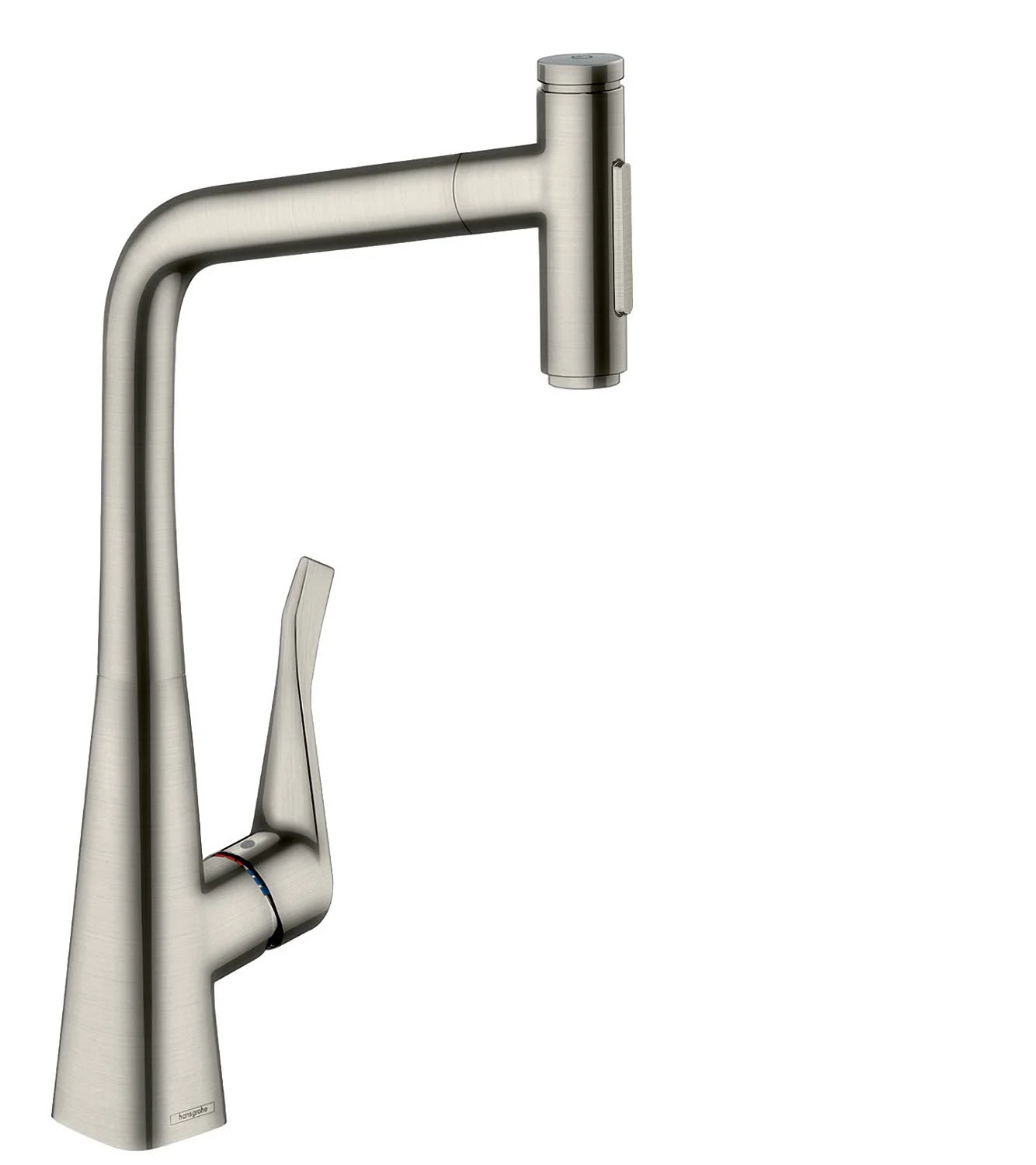 Bateria kuchenna widok z boku, wykończenie ze stali nierdzewnej, hansgrohe
