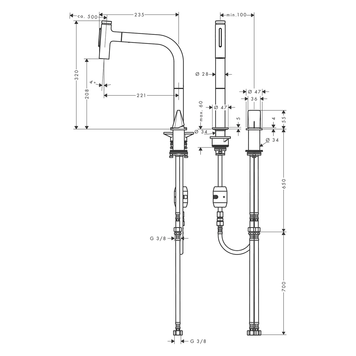 Rysunek techniczny baterii kuchennej z wymiarami, hansgrohe