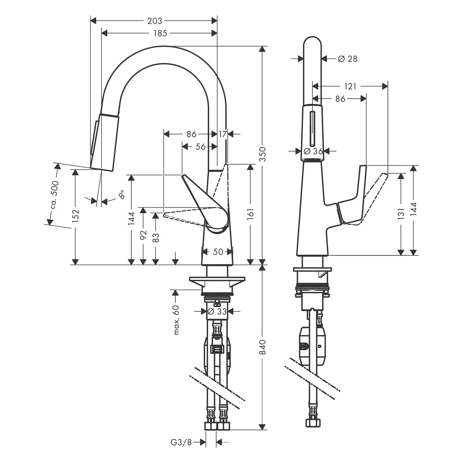 Rysunek techniczny baterii kuchennej z wymiarami, hansgrohe