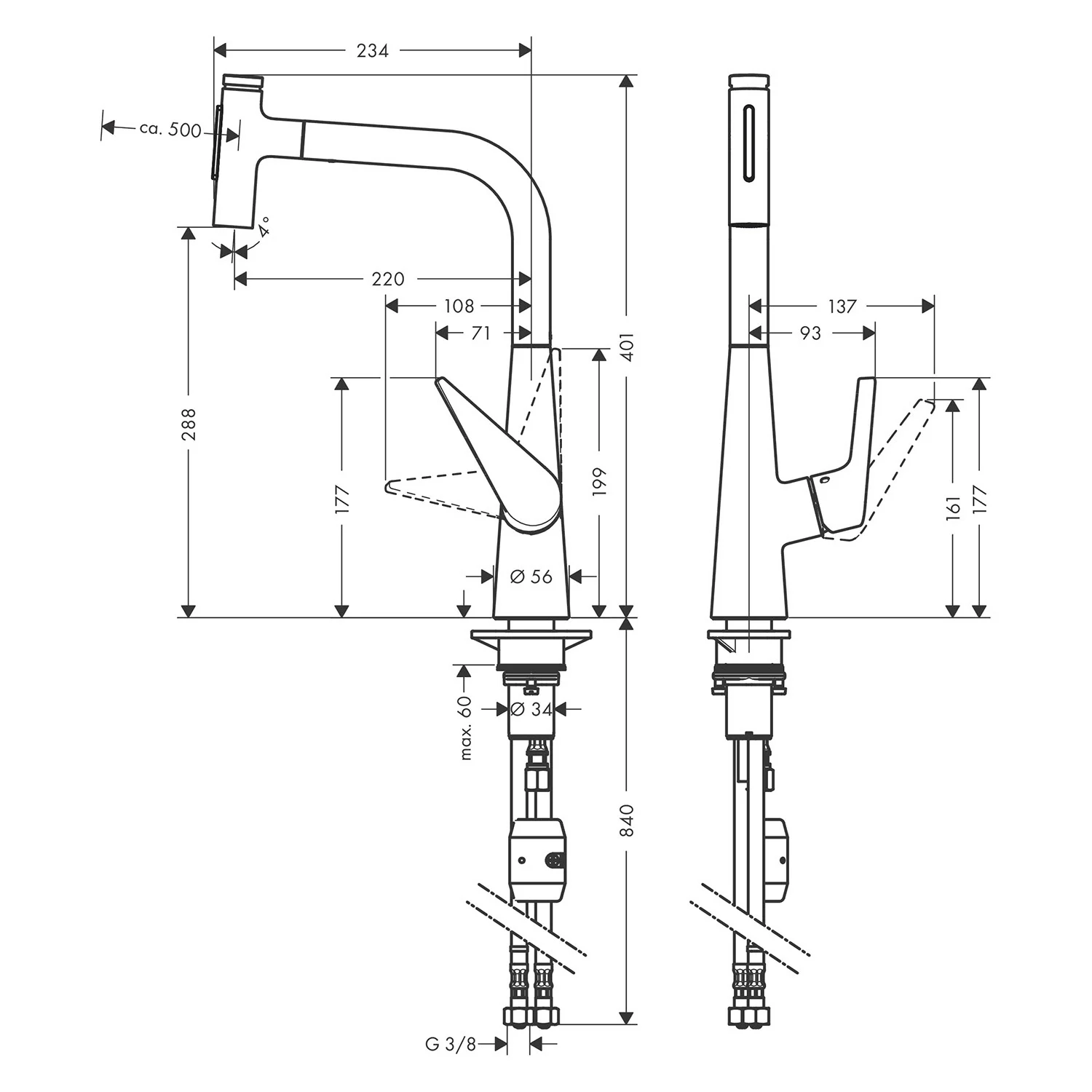 Rysunek techniczny baterii kuchennej z wymiarami, hansgrohe