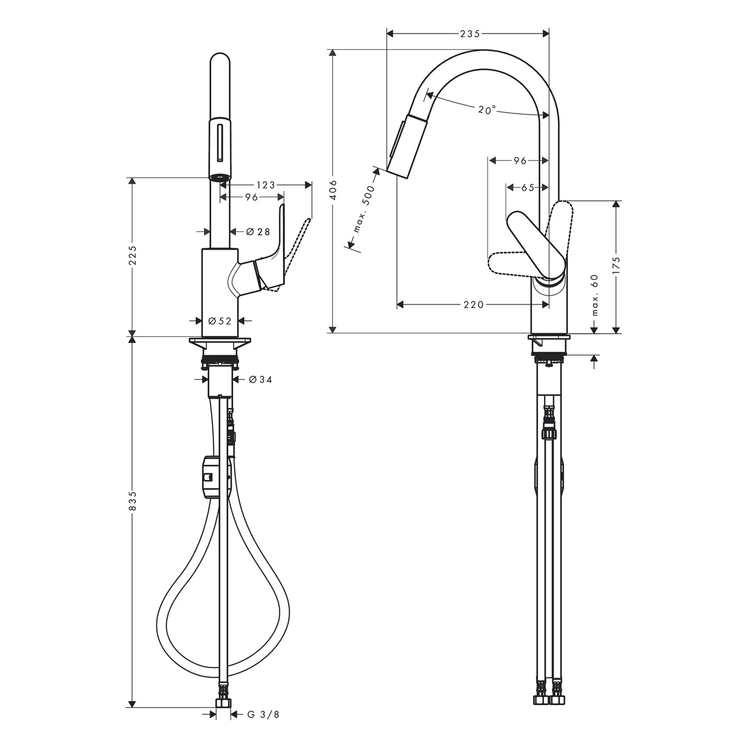Rysunek techniczny baterii kuchennej z wymiarami, hansgrohe