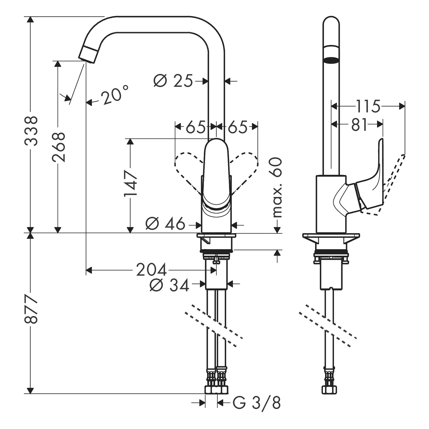 Rysunek techniczny baterii kuchennej z wymiarami, hansgrohe