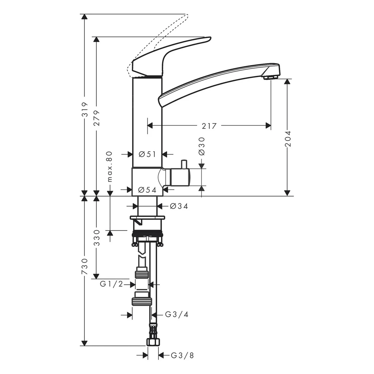 Rysunek techniczny baterii kuchennej z wymiarami, hansgrohe