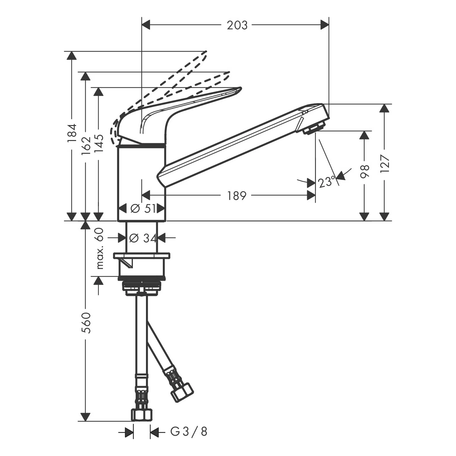 Rysunek techniczny baterii kuchennej z wymiarami, hansgrohe
