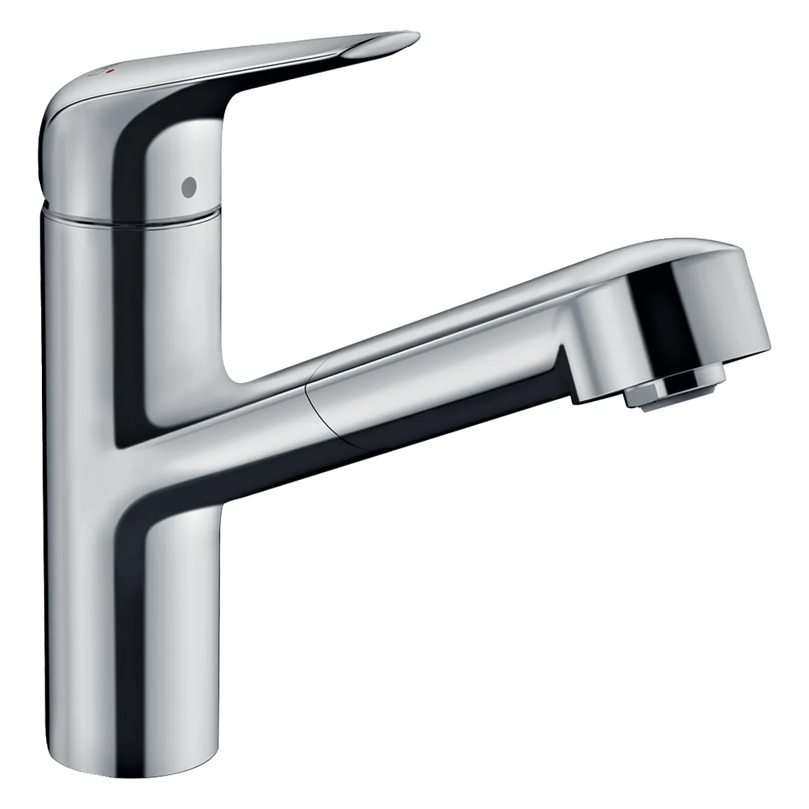 Widok z przodu chromowanej baterii kuchennej, hansgrohe