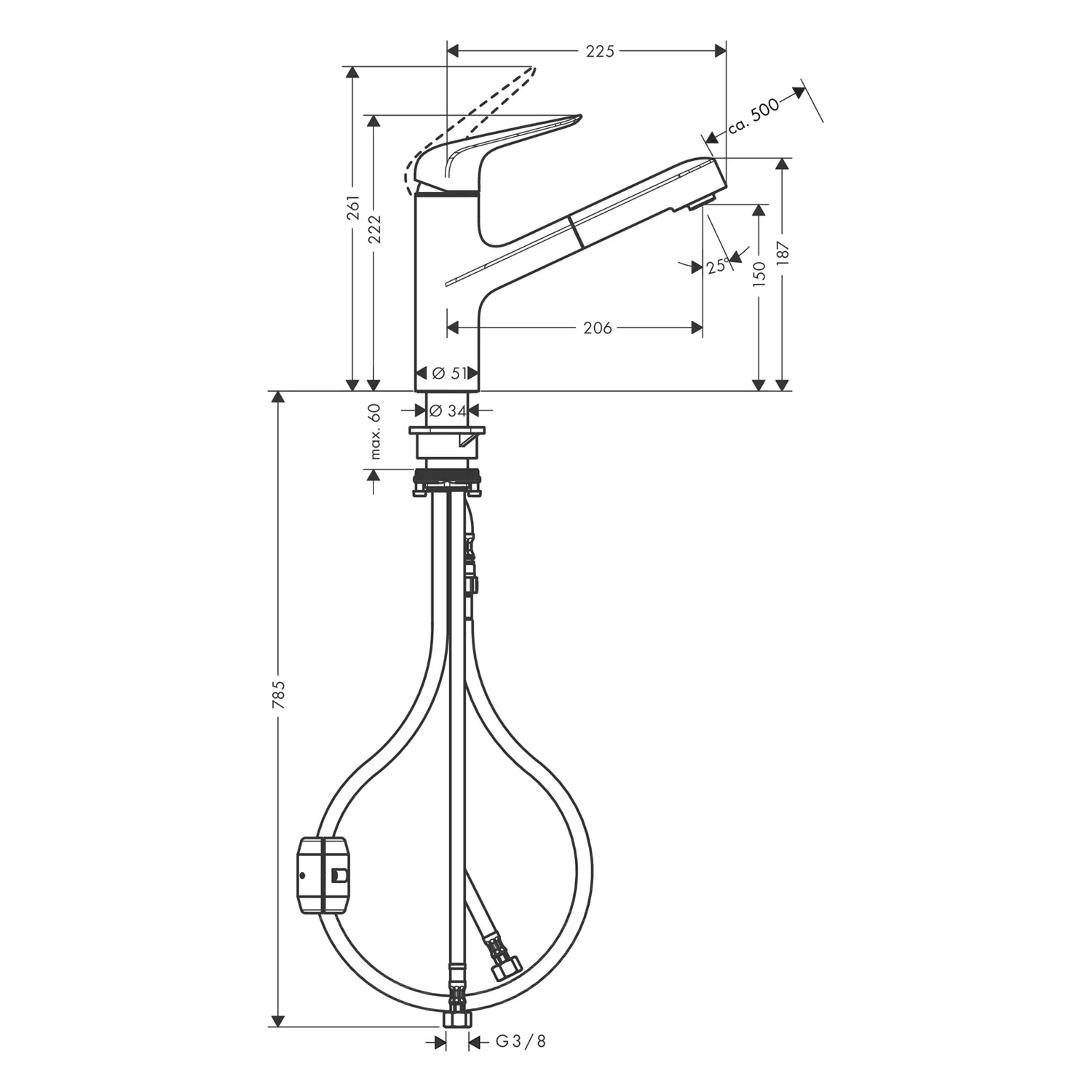 Rysunek techniczny baterii kuchennej z wymiarami, hansgrohe