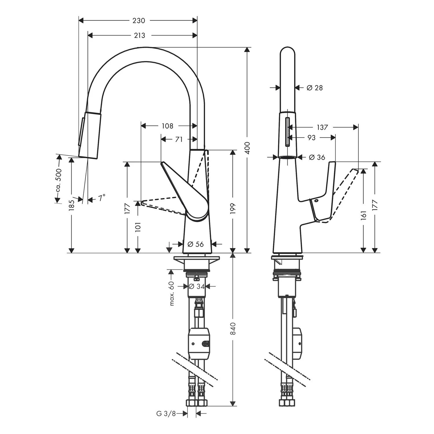 Rysunek techniczny baterii kuchennej z wymiarami, hansgrohe