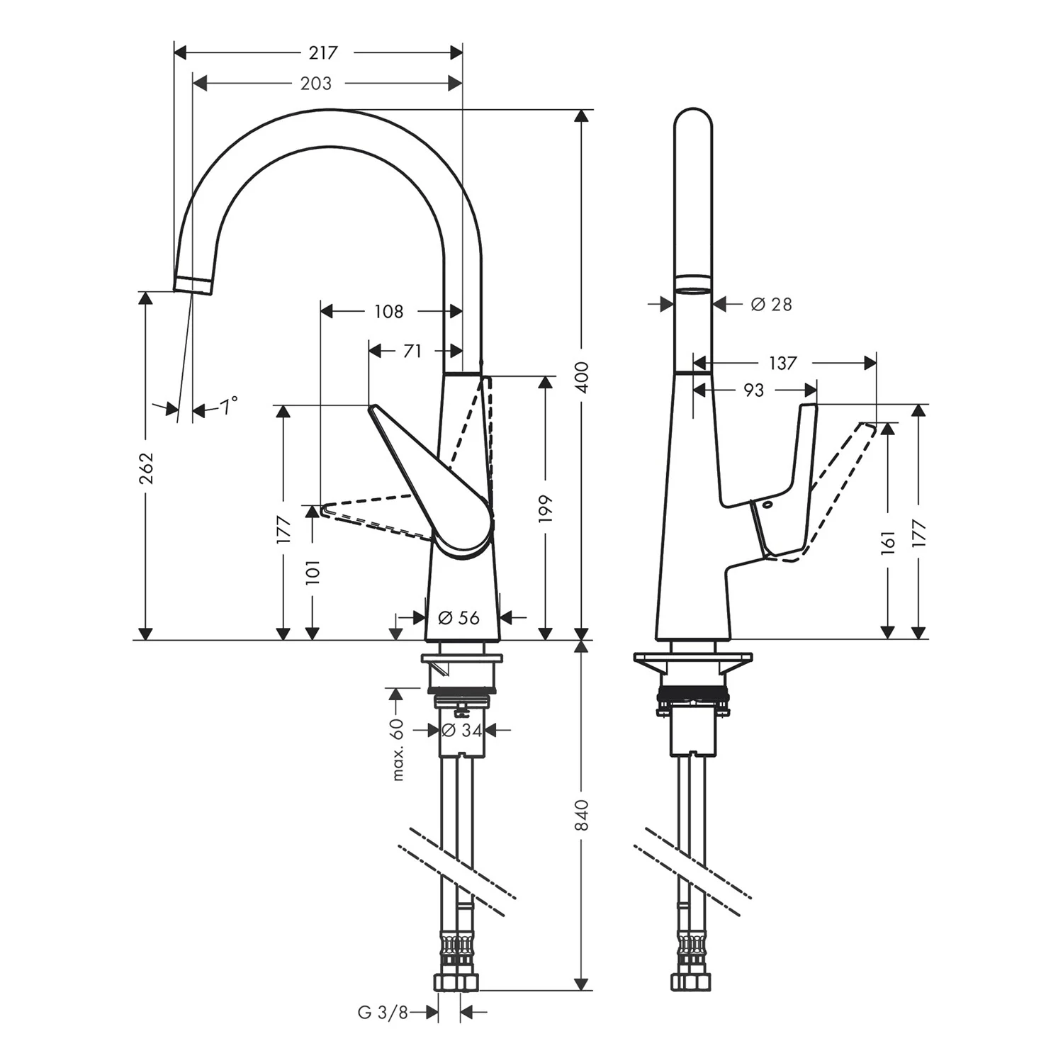 Rysunek techniczny baterii kuchennej z wymiarami, hansgrohe