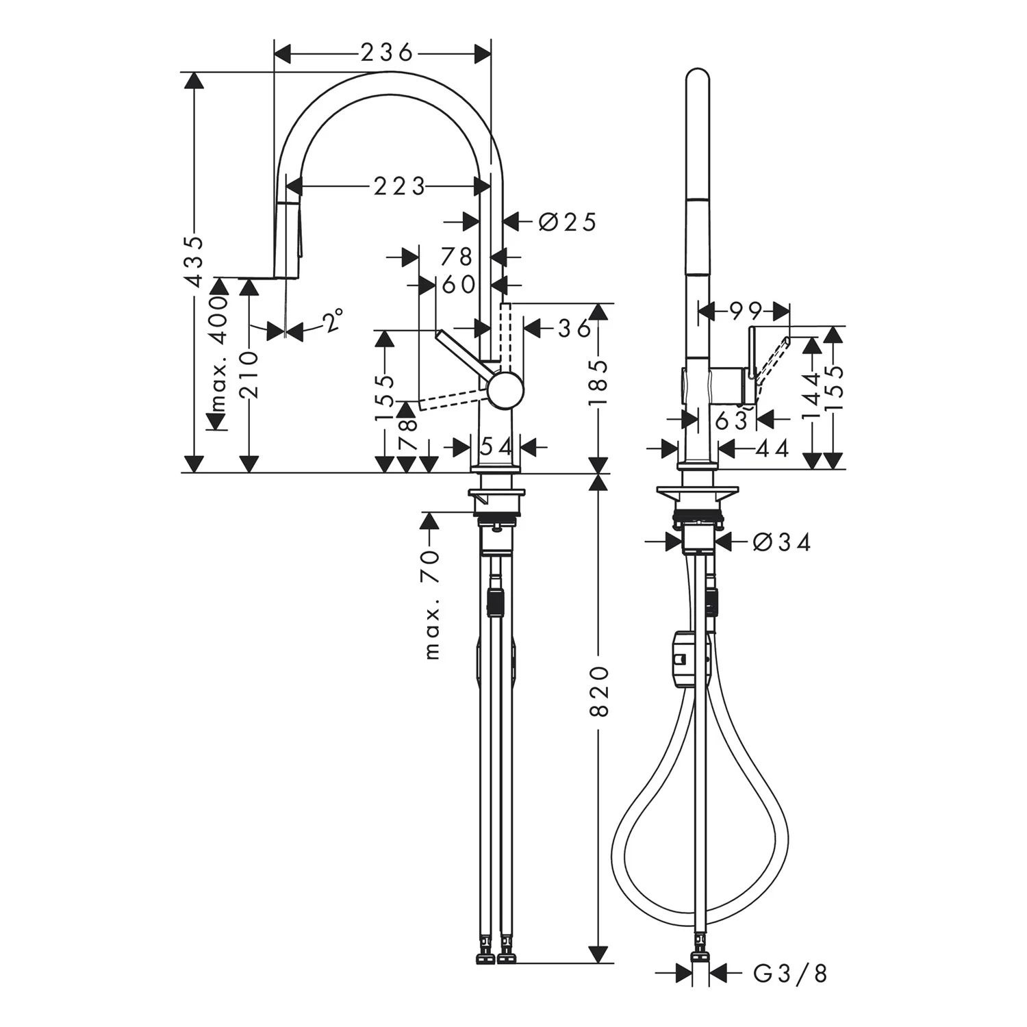 Rysunek techniczny baterii kuchennej z wymiarami, hansgrohe