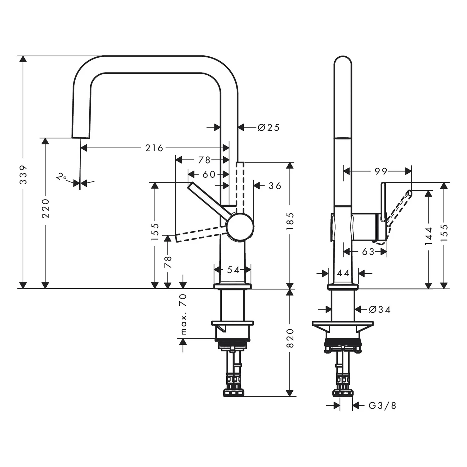 Rysunek techniczny baterii kuchennej z wymiarami, hansgrohe