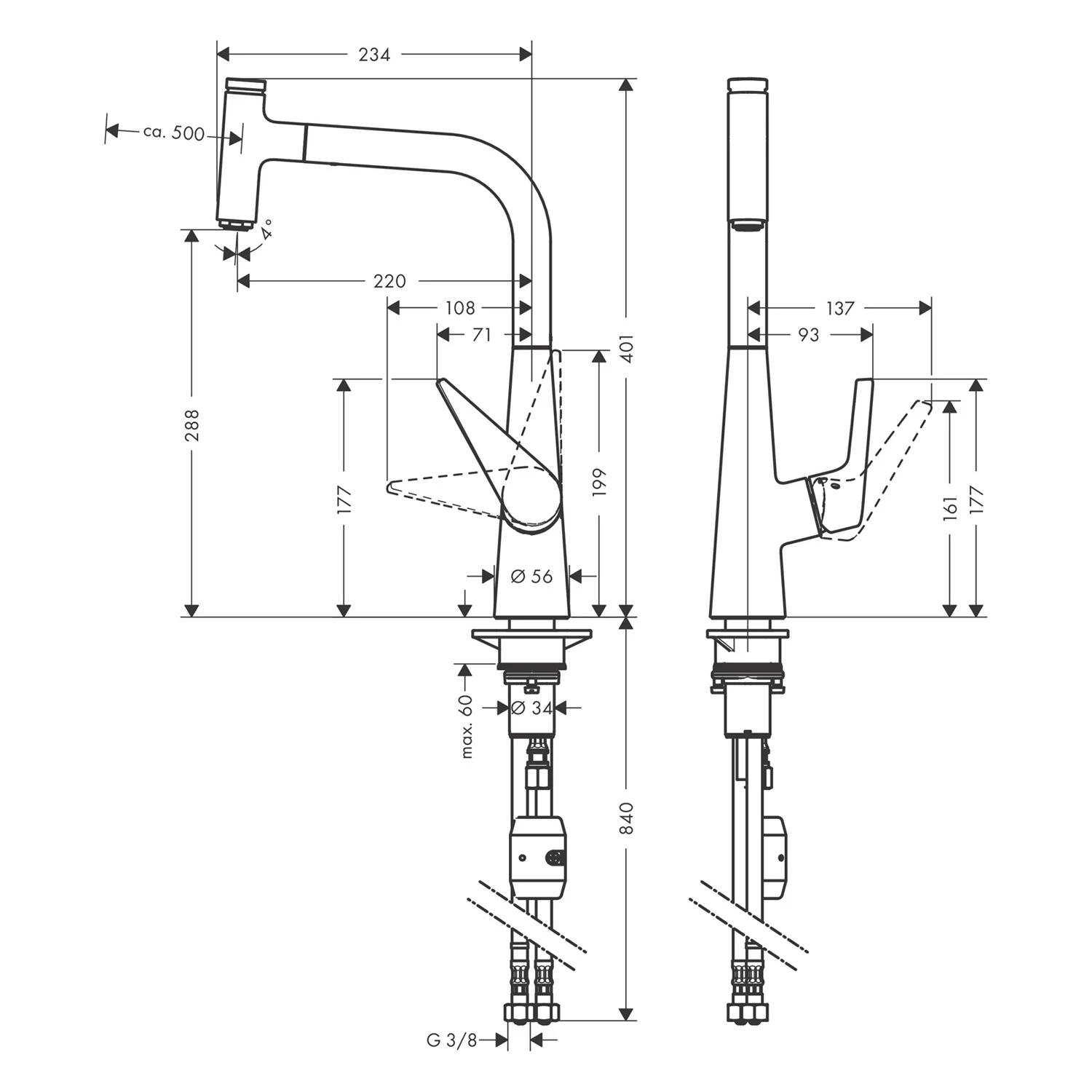 Rysunek techniczny baterii kuchennej z wymiarami, hansgrohe