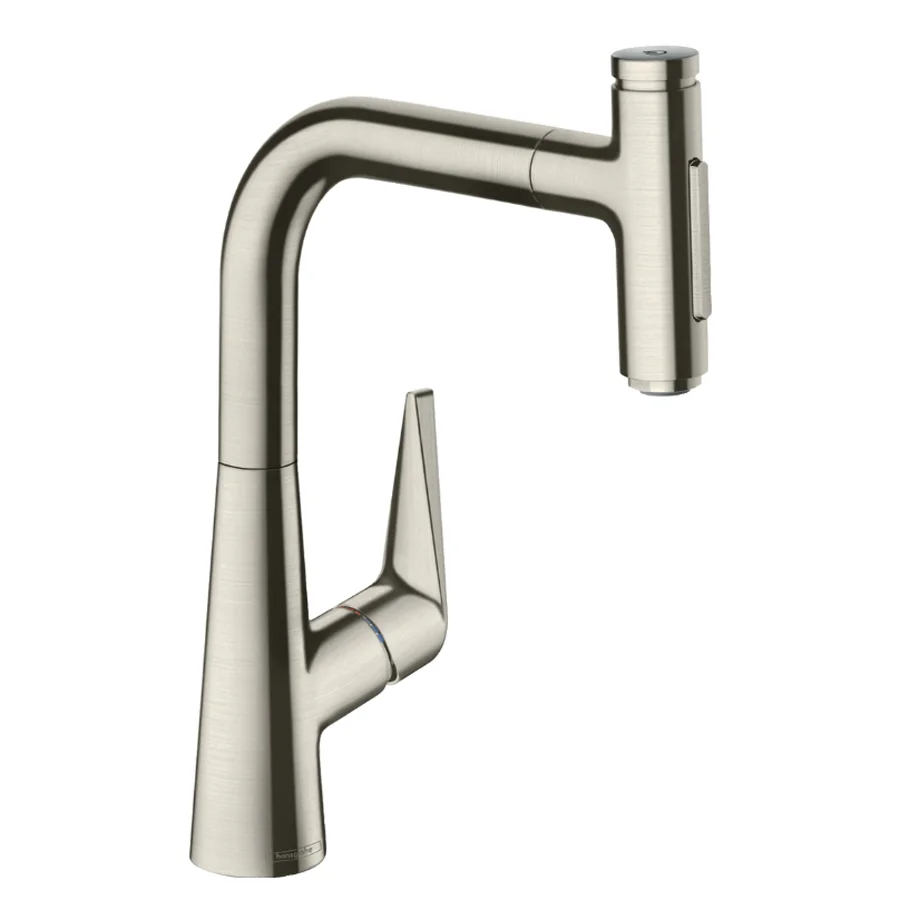 Bateria kuchenna w wyglądzie stali nierdzewnej widok z boku, hansgrohe