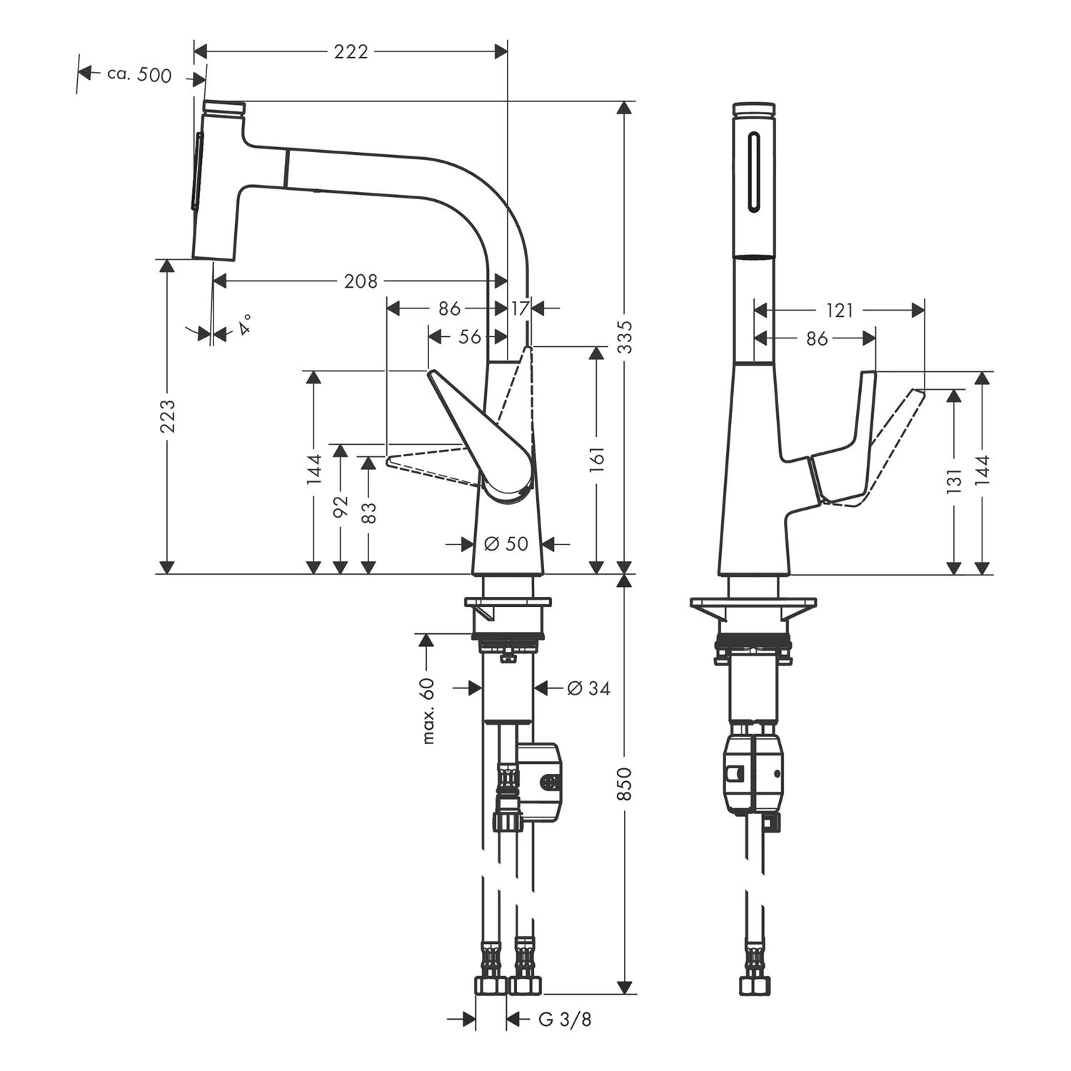 Rysunek techniczny baterii kuchennej, hansgrohe