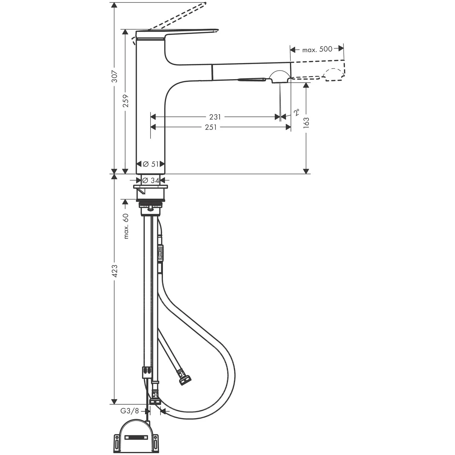Rysunek techniczny baterii kuchennej z wymiarami, hansgrohe