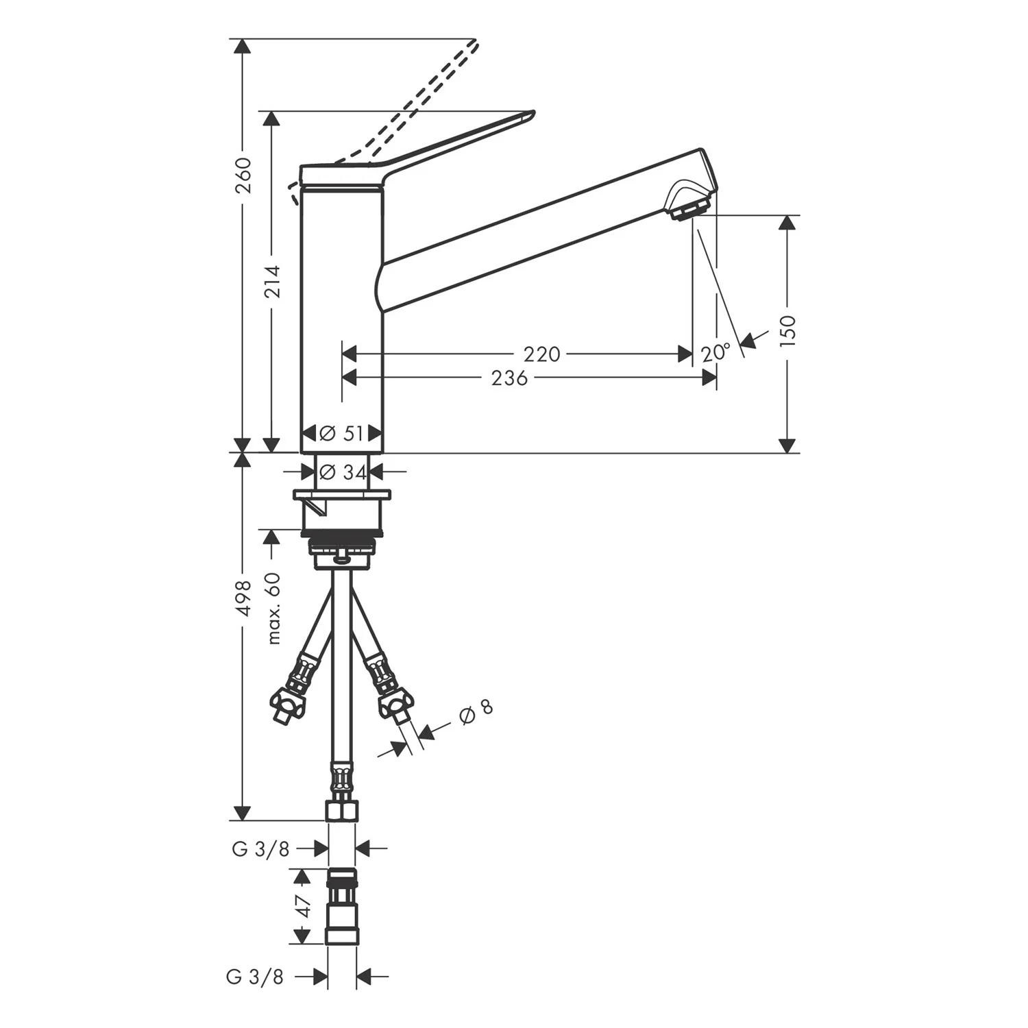 Rysunek techniczny baterii kuchennej z wymiarami, hansgrohe