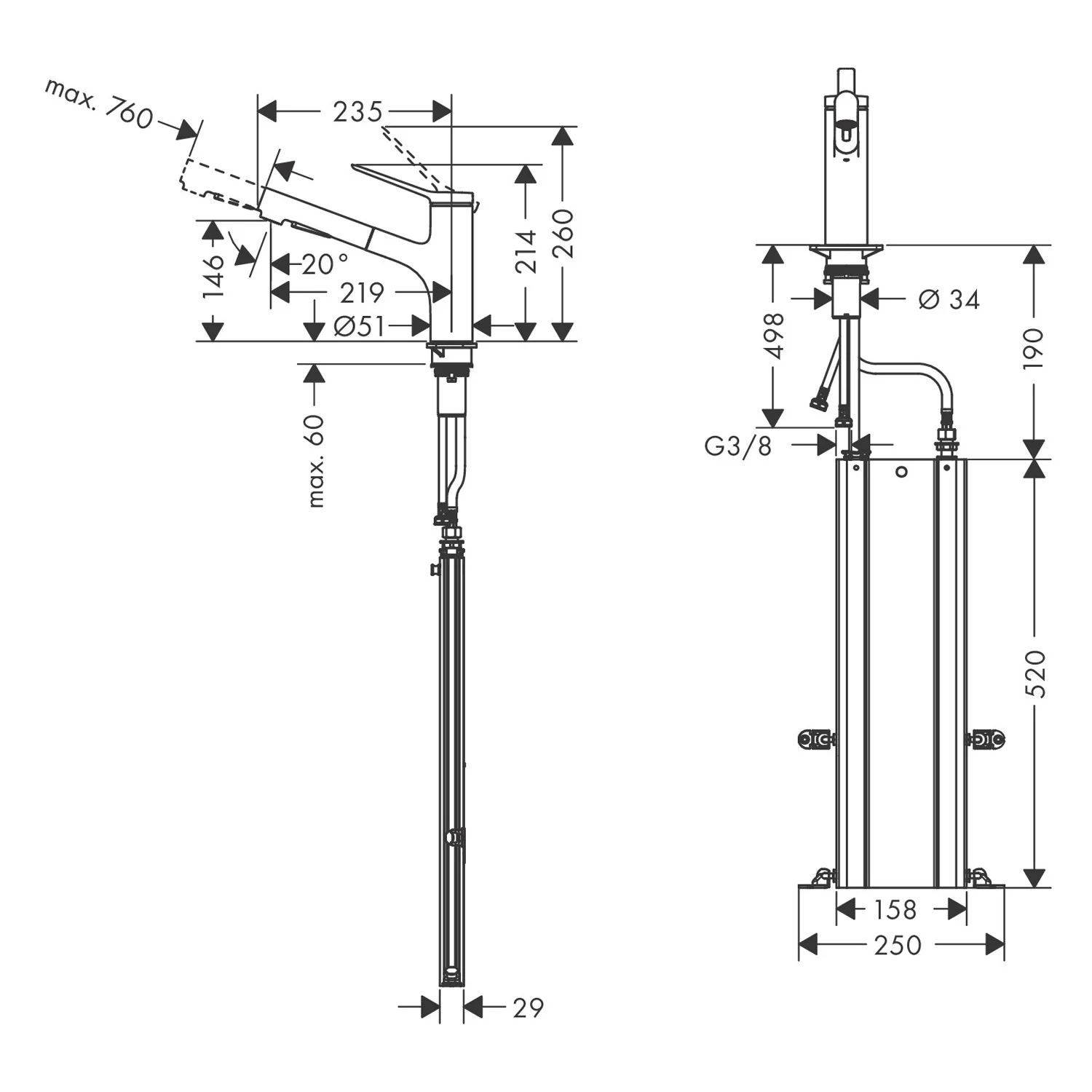 Rysunek techniczny baterii kuchennej z wymiarami, hansgrohe