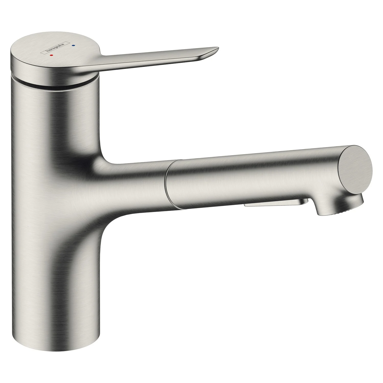 Stalowa bateria kuchenna w widoku z boku, hansgrohe