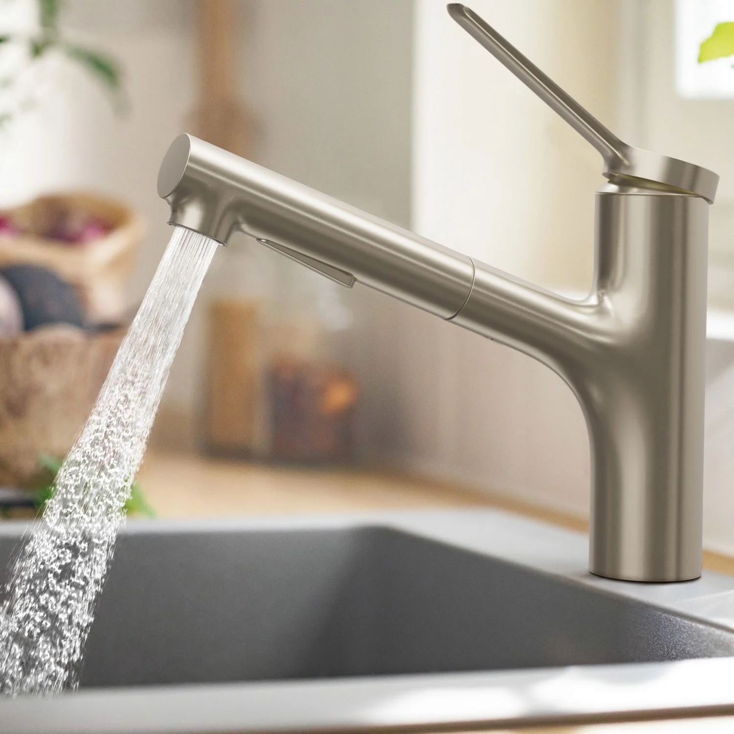 Niklowana bateria kuchenna z bieżącą wodą, hansgrohe