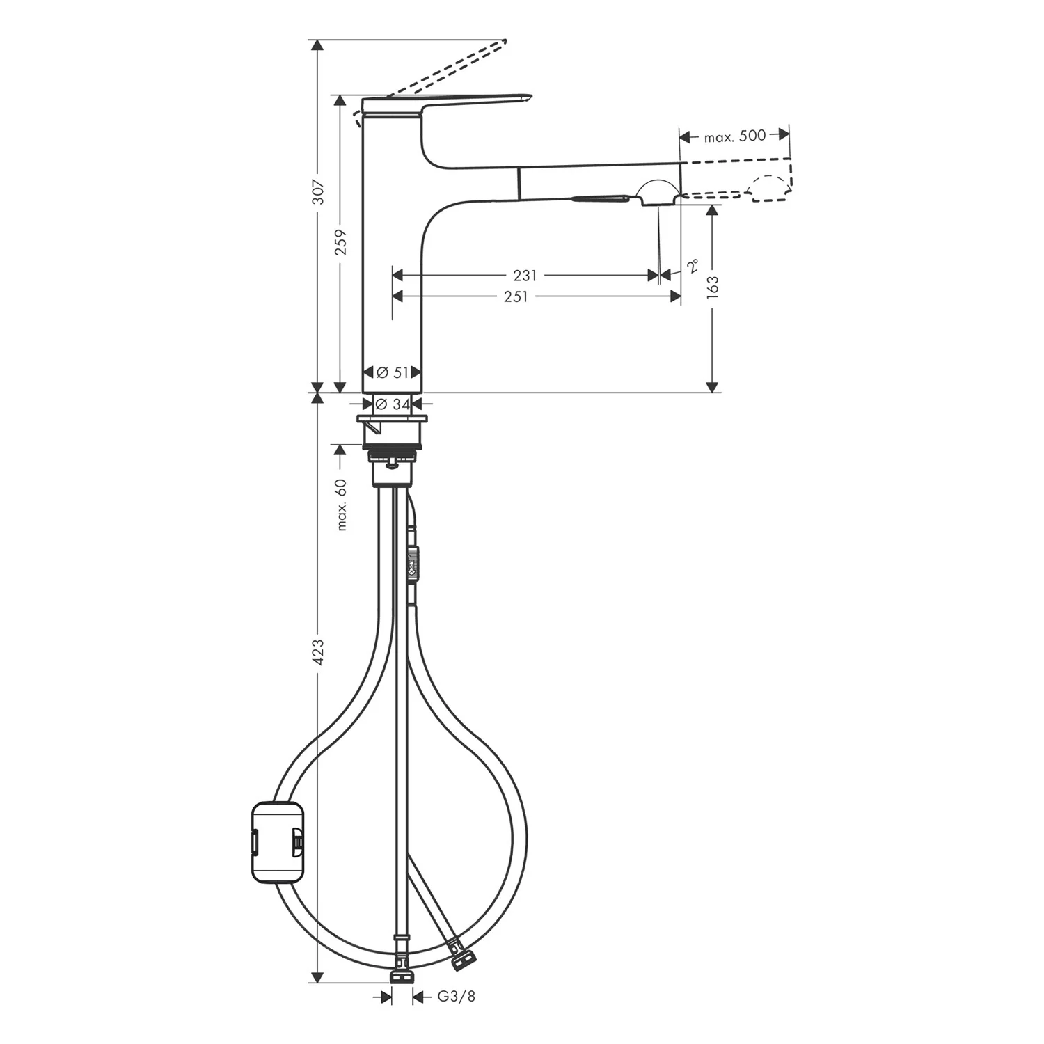 Rysunek techniczny baterii kuchennej z wymiarami, hansgrohe