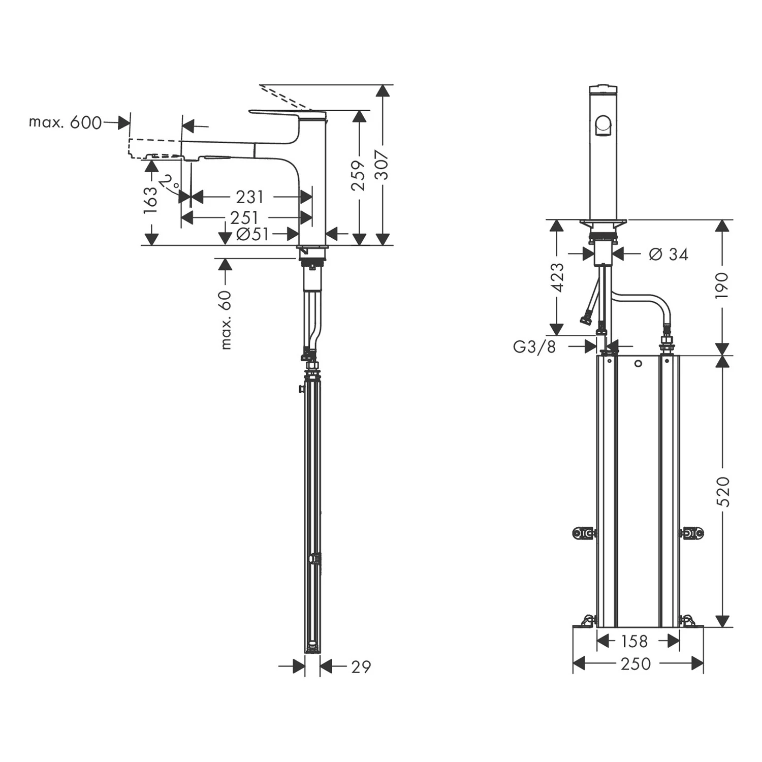 Rysunek techniczny baterii kuchennej z wymiarami, hansgrohe