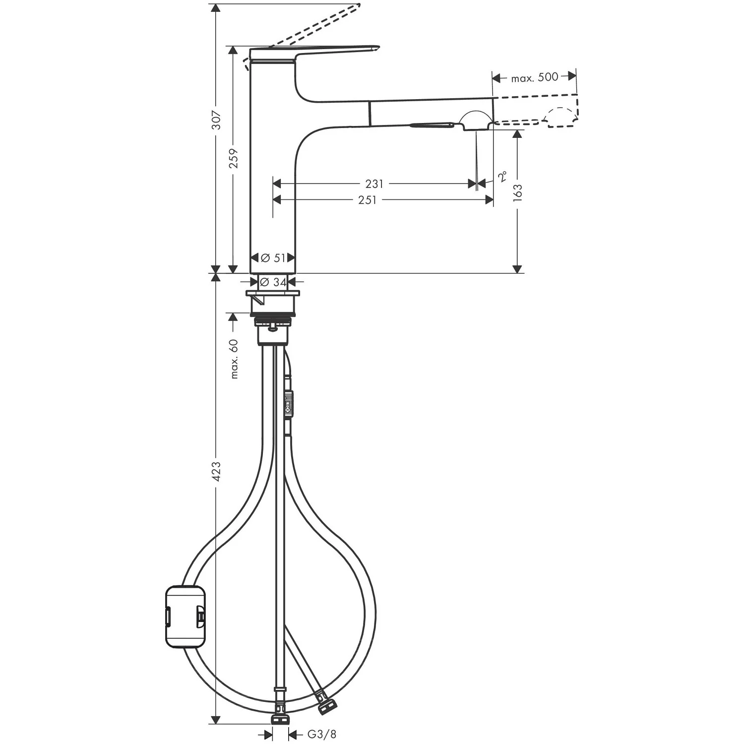 Rysunek techniczny baterii kuchennej z wymiarami, hansgrohe