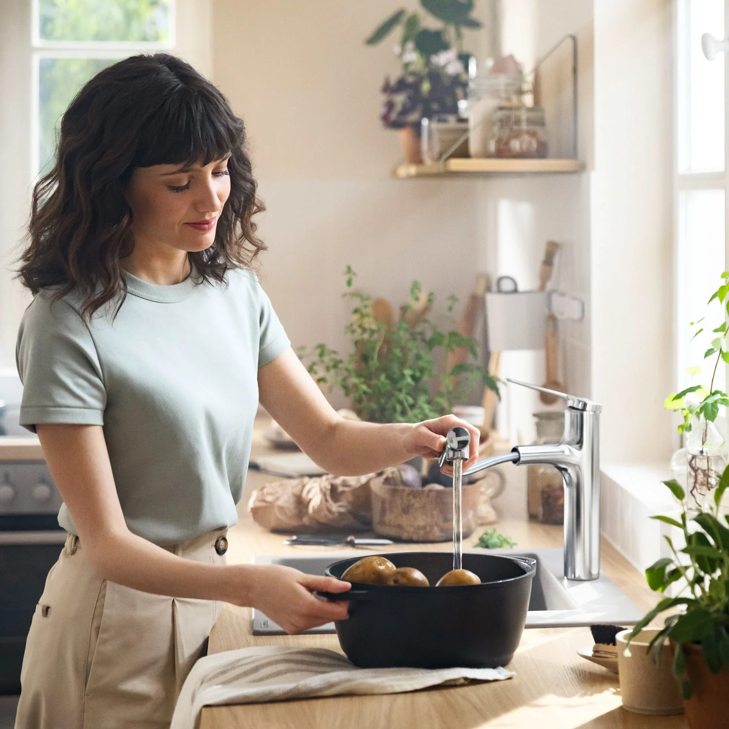 Kobieta używa baterii kuchennej w jasnej kuchni, hansgrohe