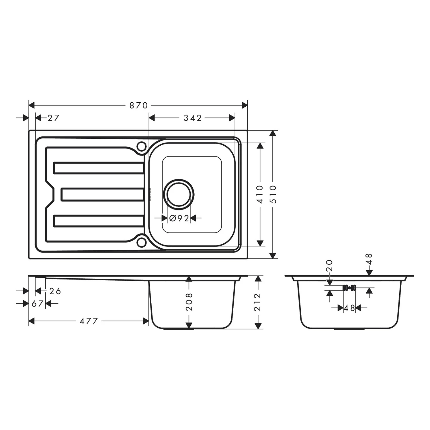 Rysunek techniczny zlewu wpuszczanego z ociekaczem, hansgrohe
