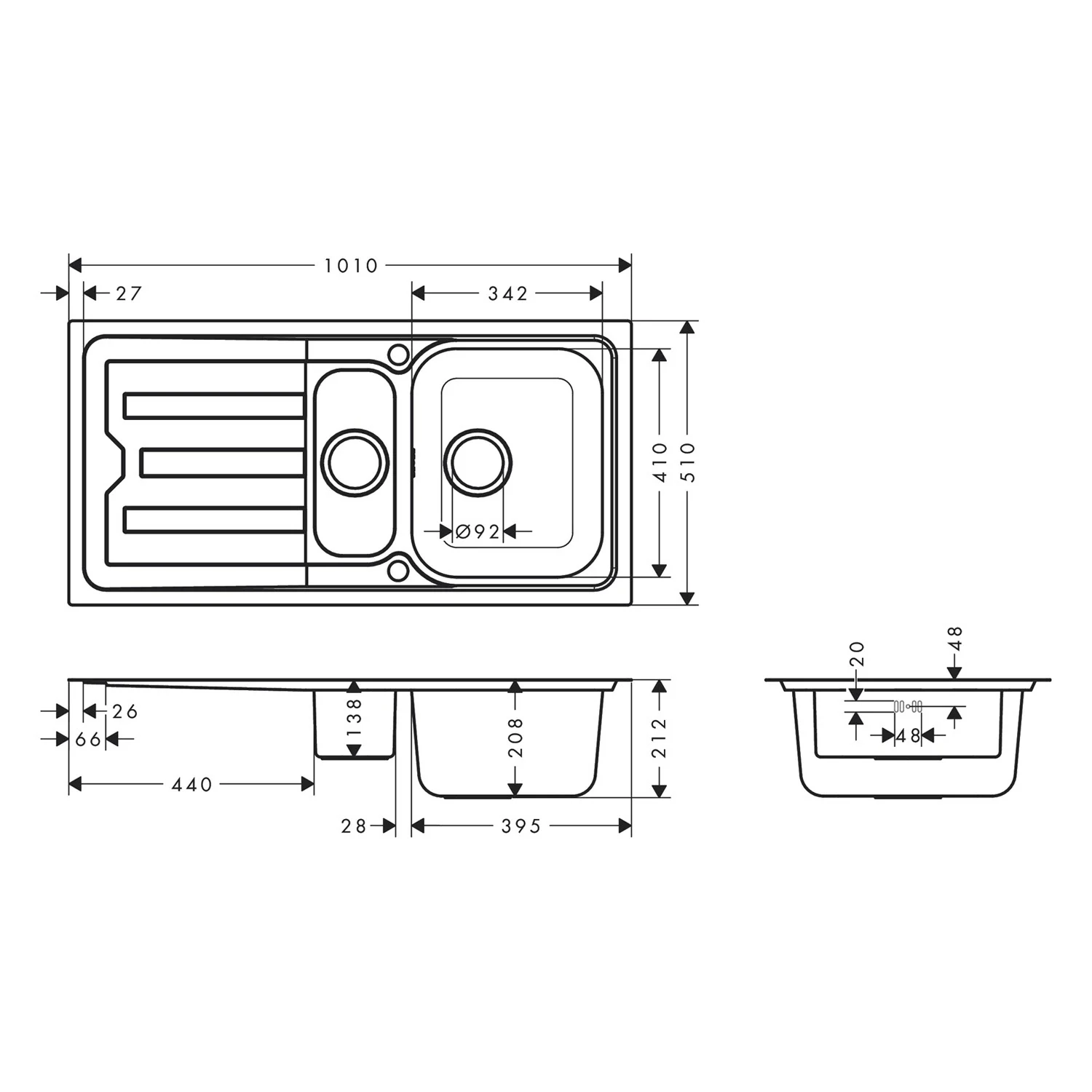 Rysunek techniczny podwójnego zlewu wpuszczanego z ociekaczem, hansgrohe