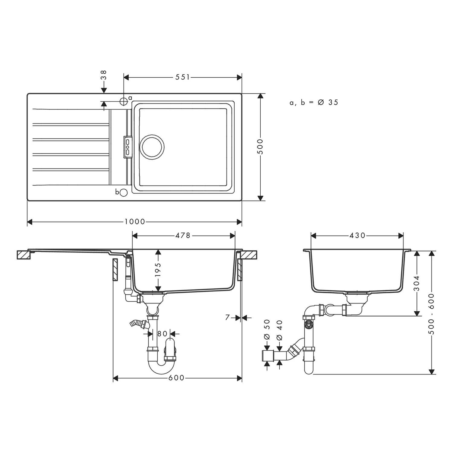 hansgrohe S520-F480 Einbauspüle 480 mit Abtropffläche, reversibel Bild 2