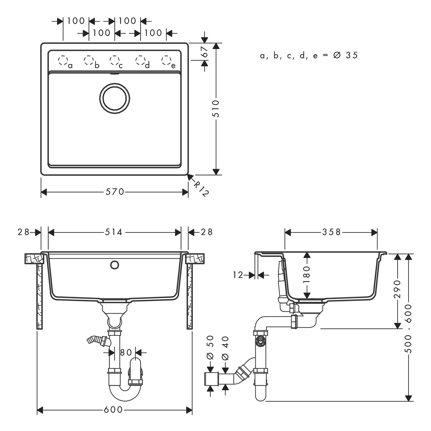 Rysunek techniczny zlewu wpuszczanego z wymiarami, hansgrohe