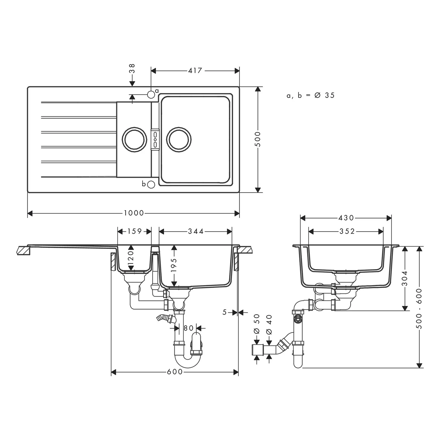 hansgrohe S520-F530 Einbauspüle 345/160 mit Abtropffläche, reversibel Bild 2