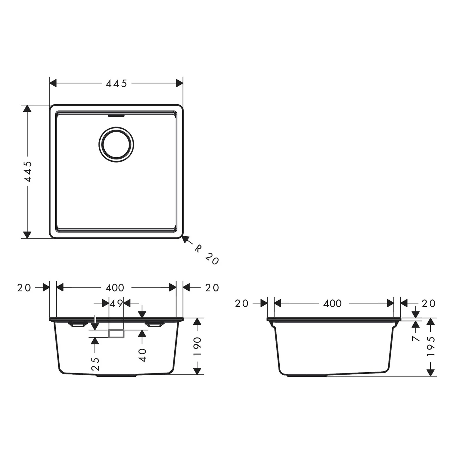Rysunek techniczny zlewu wpuszczanego z wymiarami, hansgrohe
