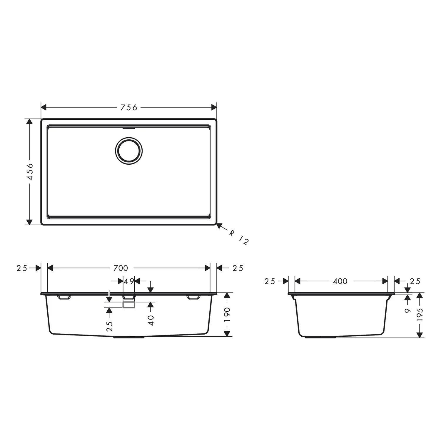 Rysunek techniczny zlewu kuchennego, hansgrohe