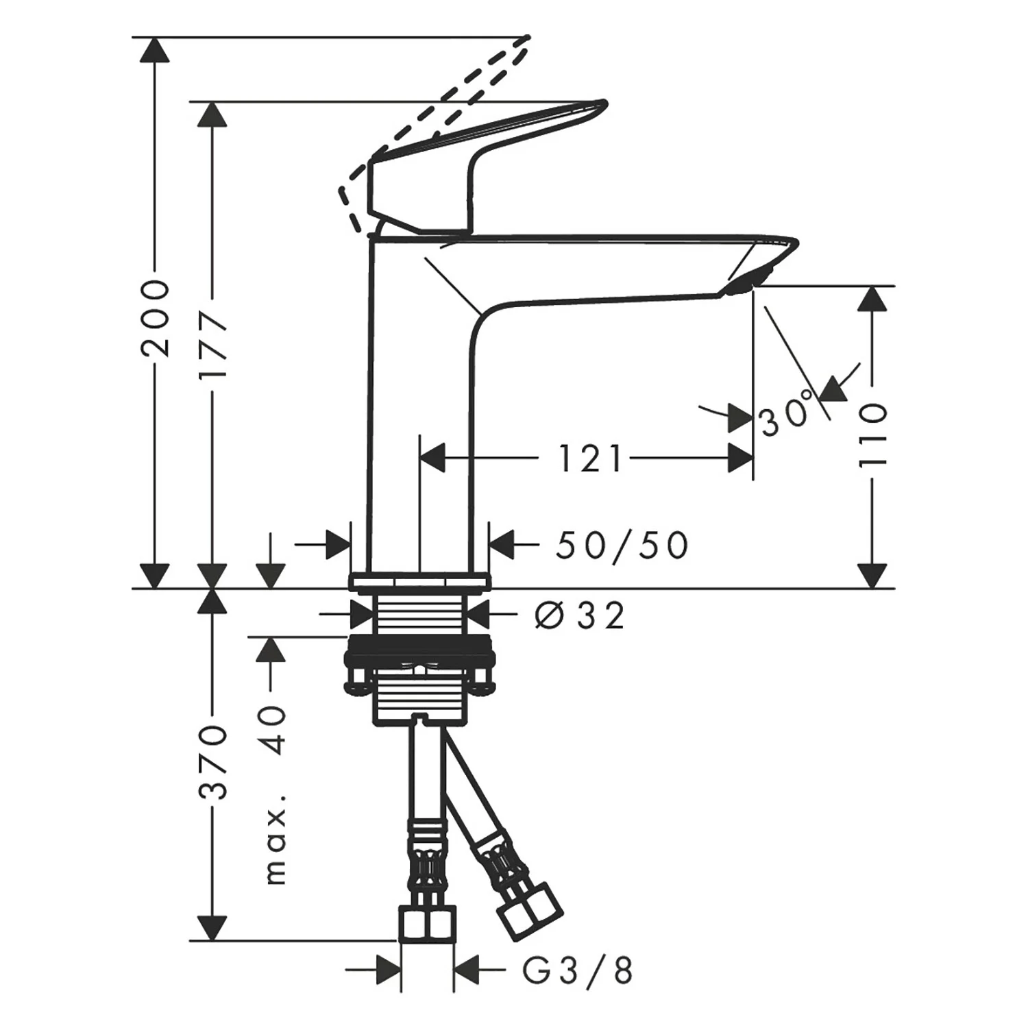 Rysunek techniczny baterii umywalkowej, hansgrohe