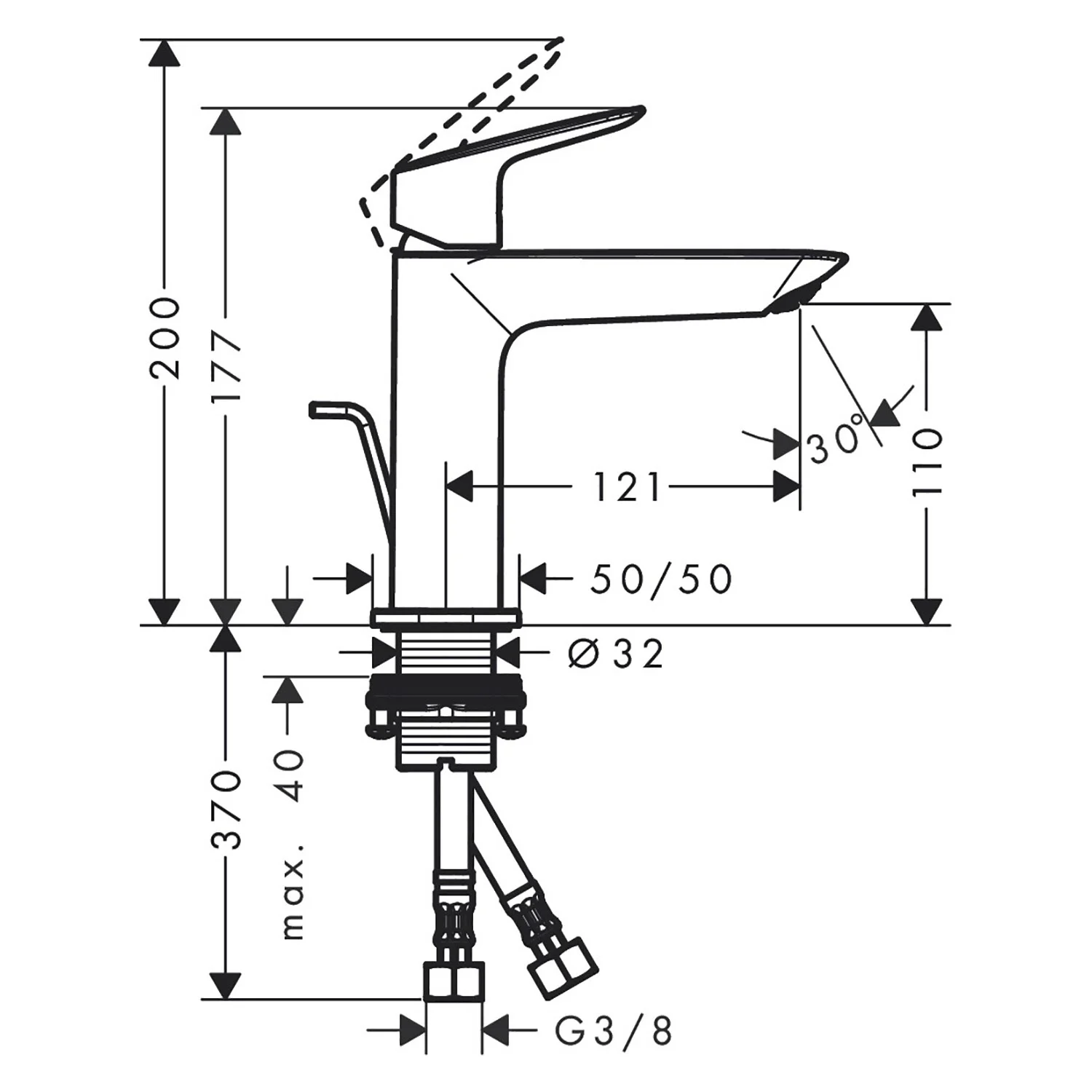 Rysunek techniczny baterii umywalkowej, hansgrohe
