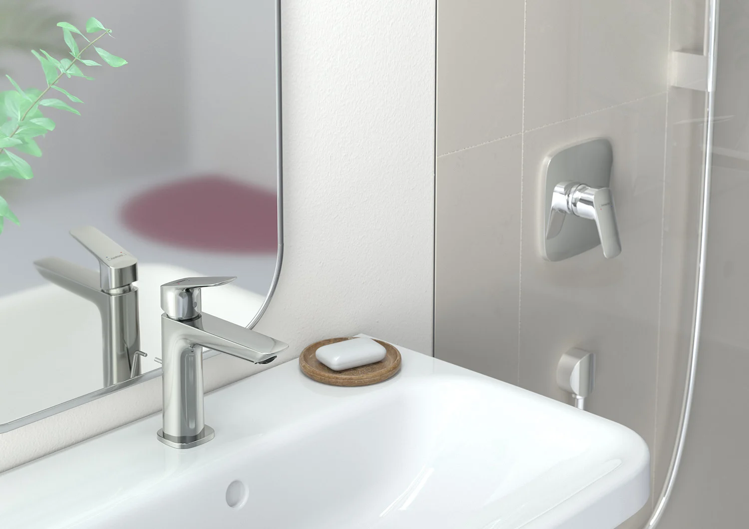 Srebrna bateria umywalkowa obok lustra w łazience, hansgrohe