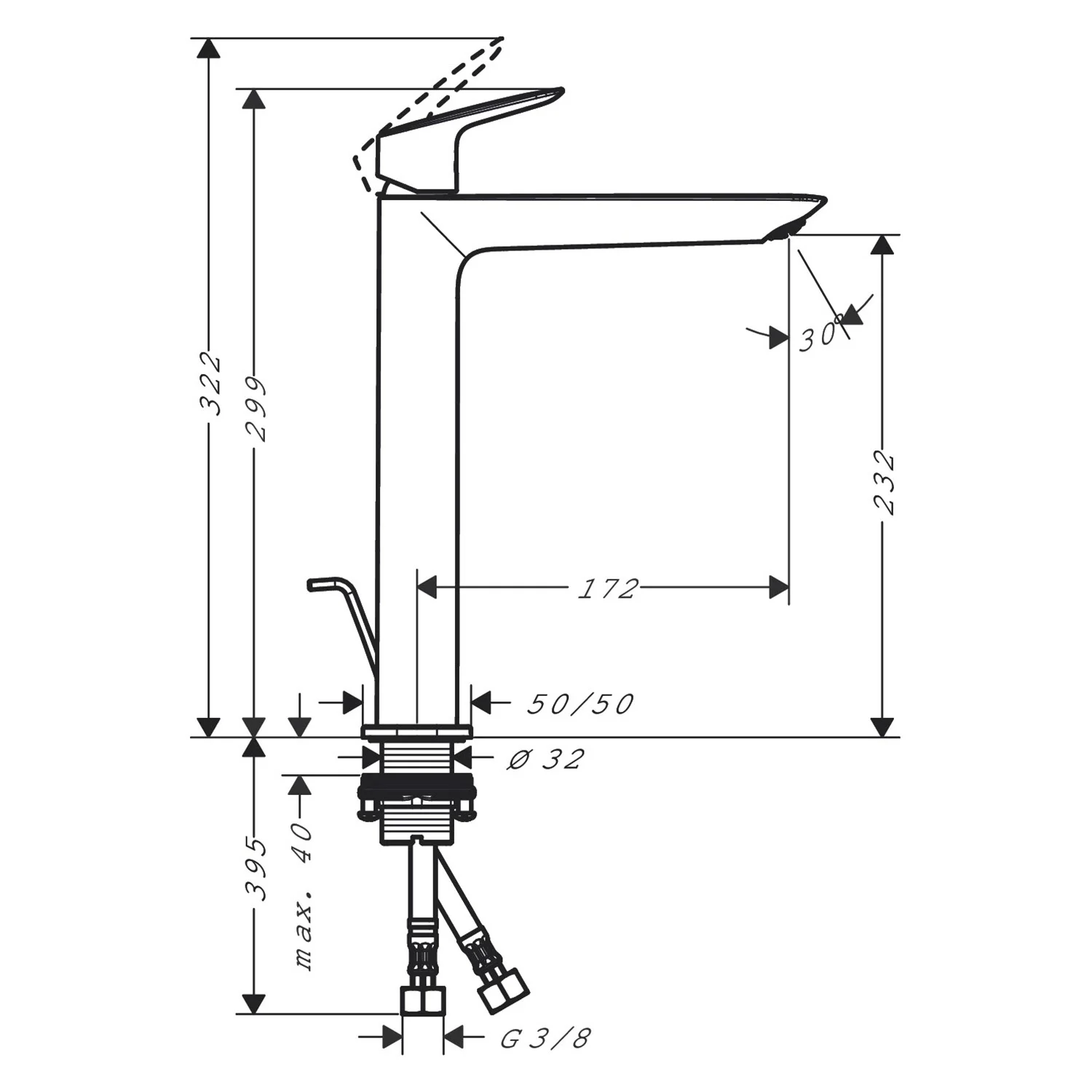 Rysunek techniczny baterii umywalkowej, hansgrohe