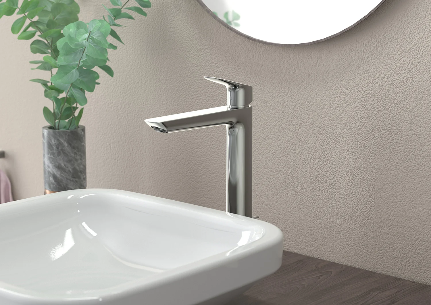 Jednouchwytowa bateria umywalkowa obok umywalki w łazience, hansgrohe