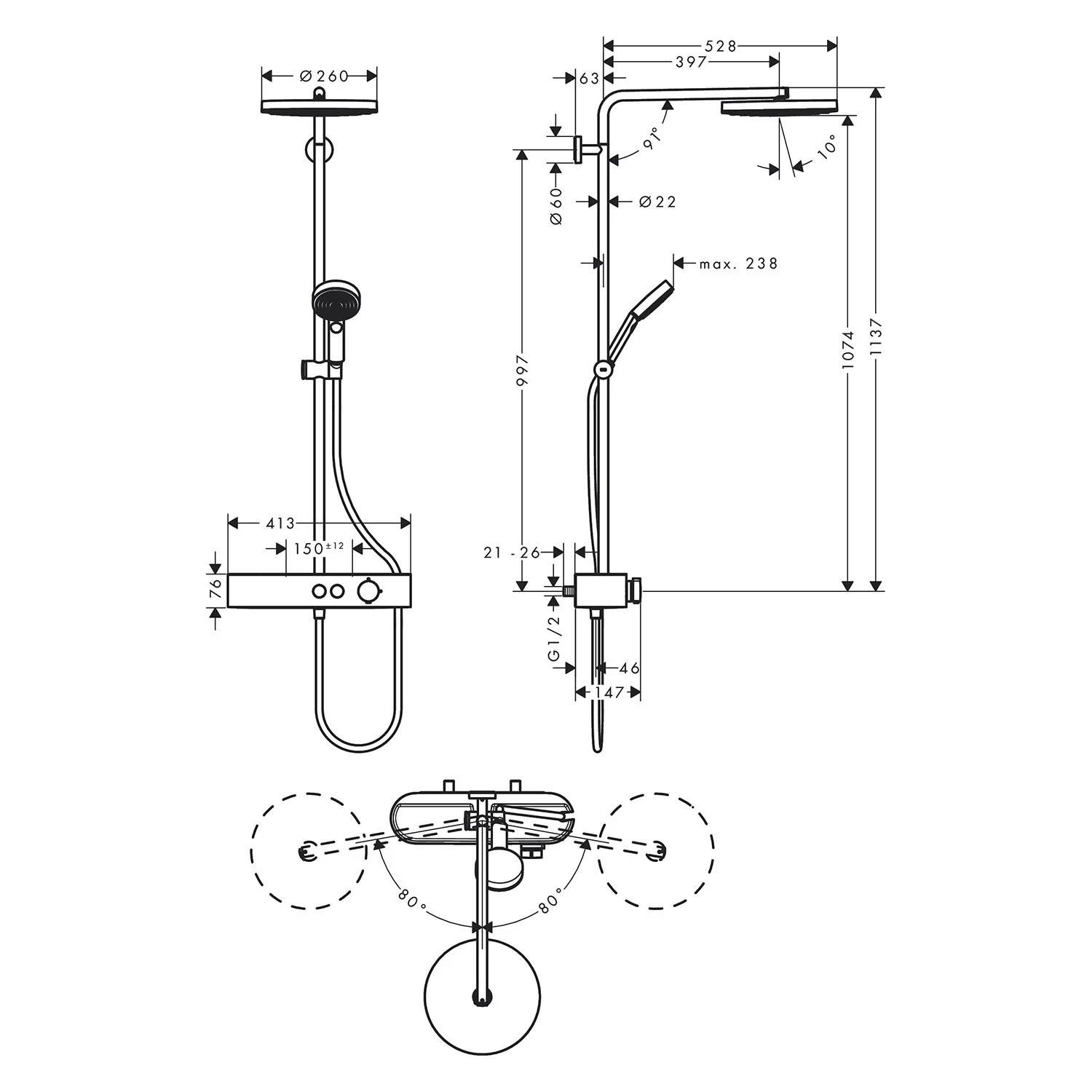 Rysunek techniczny armatury prysznicowej z wymiarami, hansgrohe