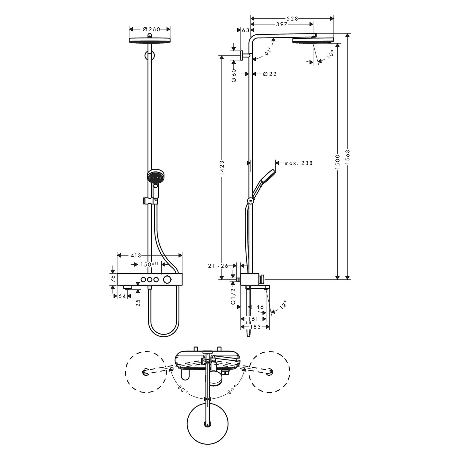 Rysunek techniczny armatury prysznicowej z wymiarami, hansgrohe