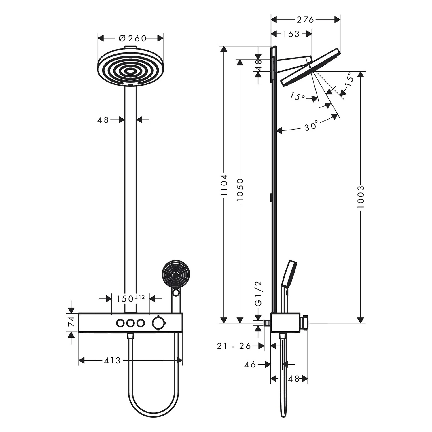 Rysunek techniczny armatury prysznicowej z wymiarami, hansgrohe