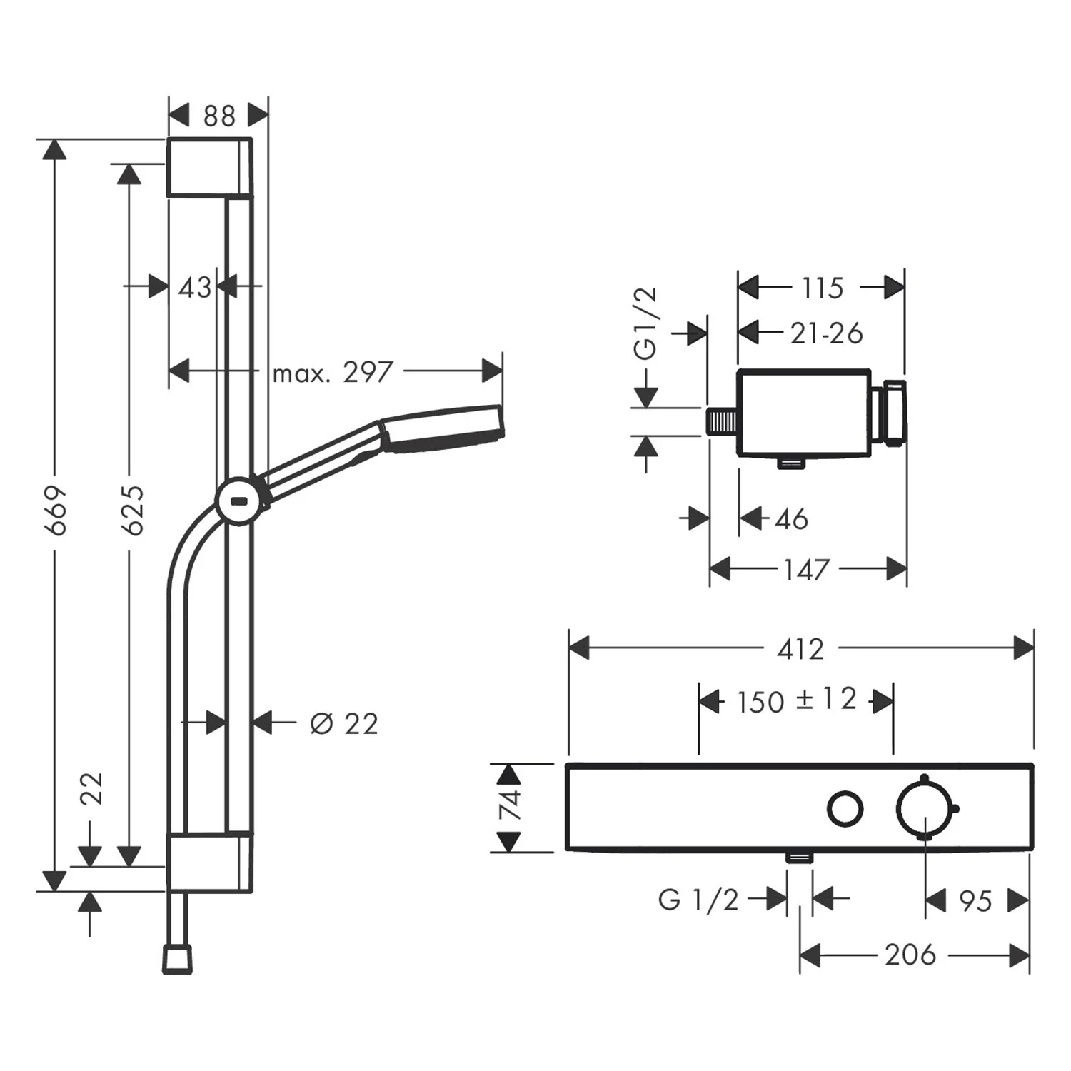 Rysunek techniczny systemu prysznicowego z wymiarami, hansgrohe