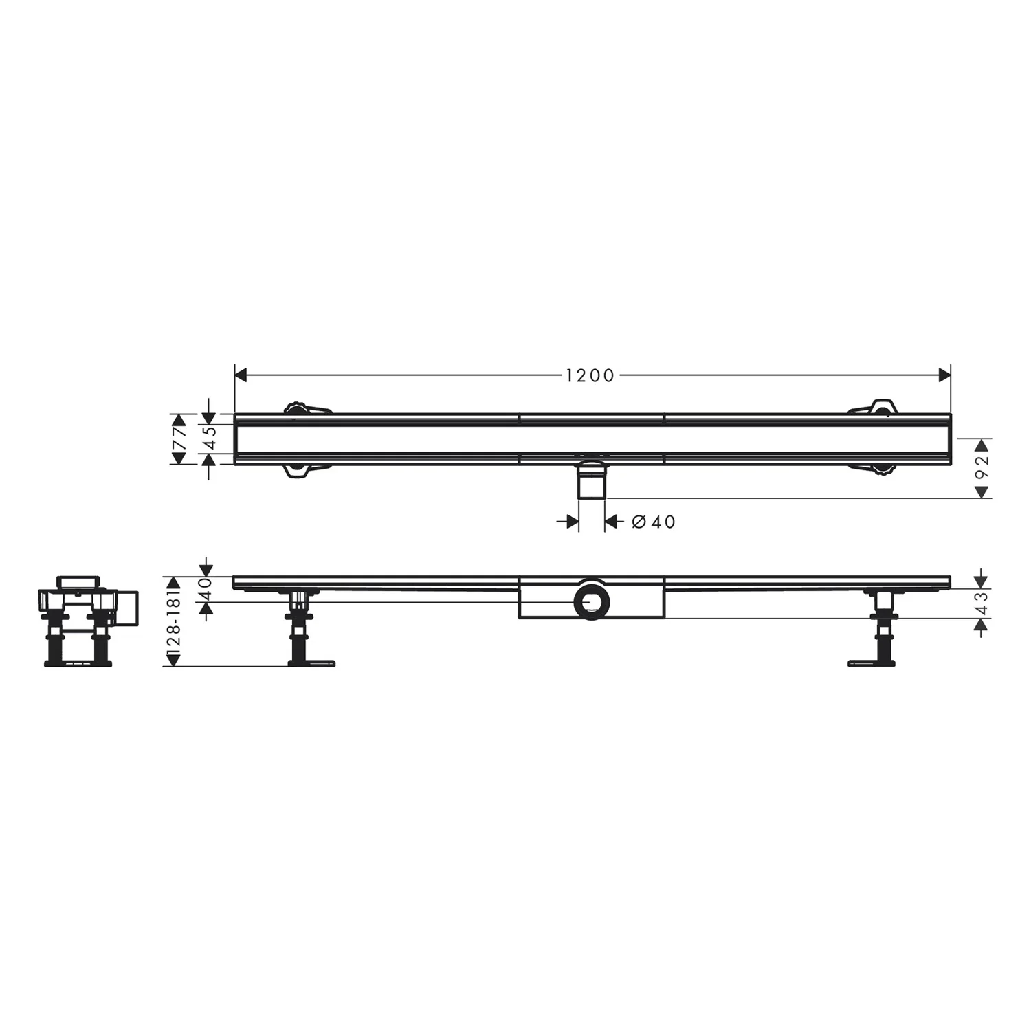 Rysunek techniczny odpływu prysznicowego 120 cm, hansgrohe