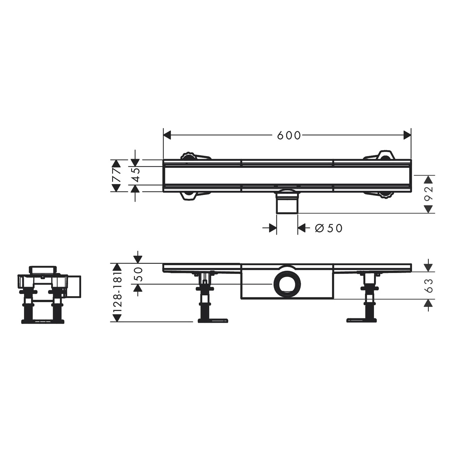Rysunek techniczny odpływu prysznicowego 60 cm, hansgrohe