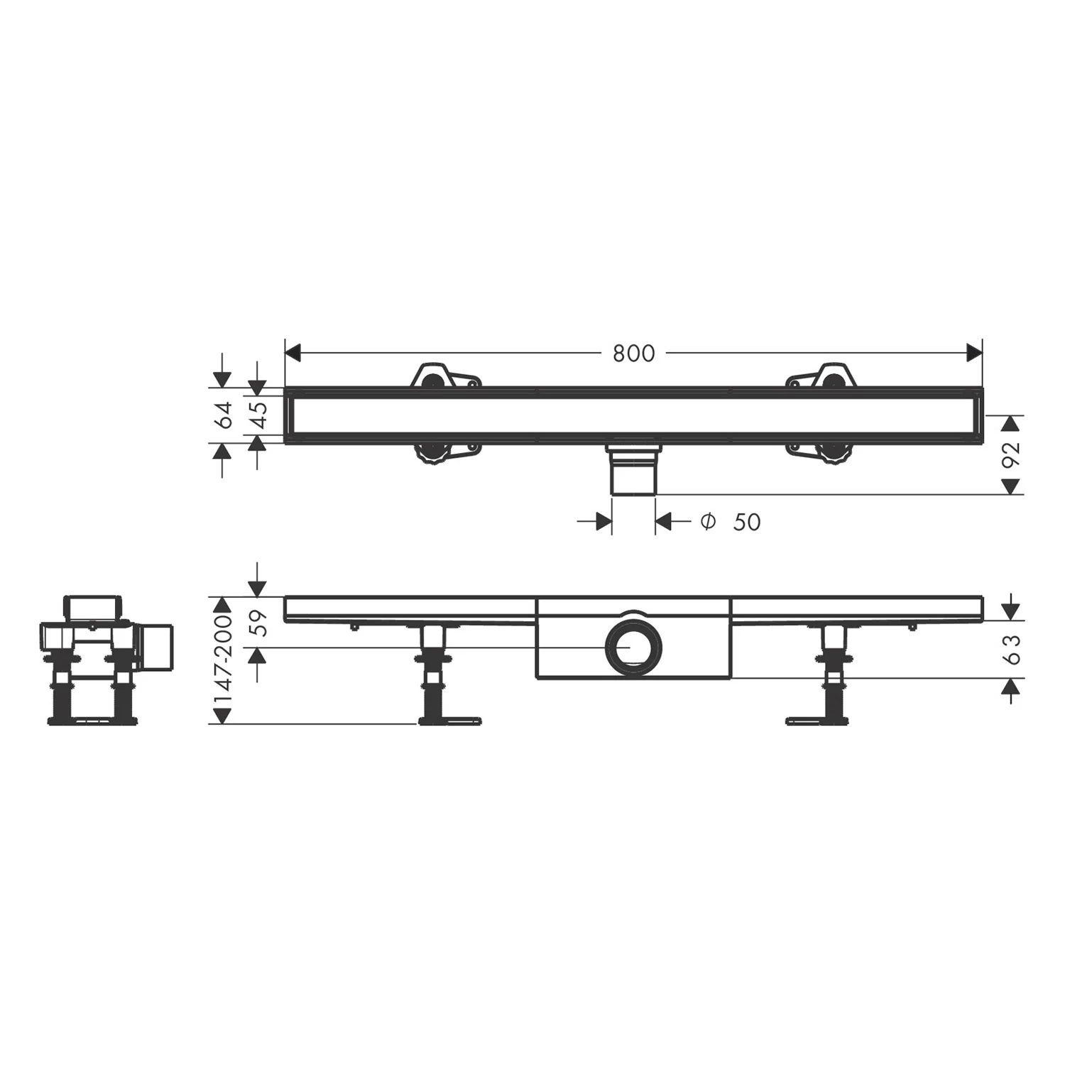 Rysunek techniczny odpływu prysznicowego 80 cm, hansgrohe