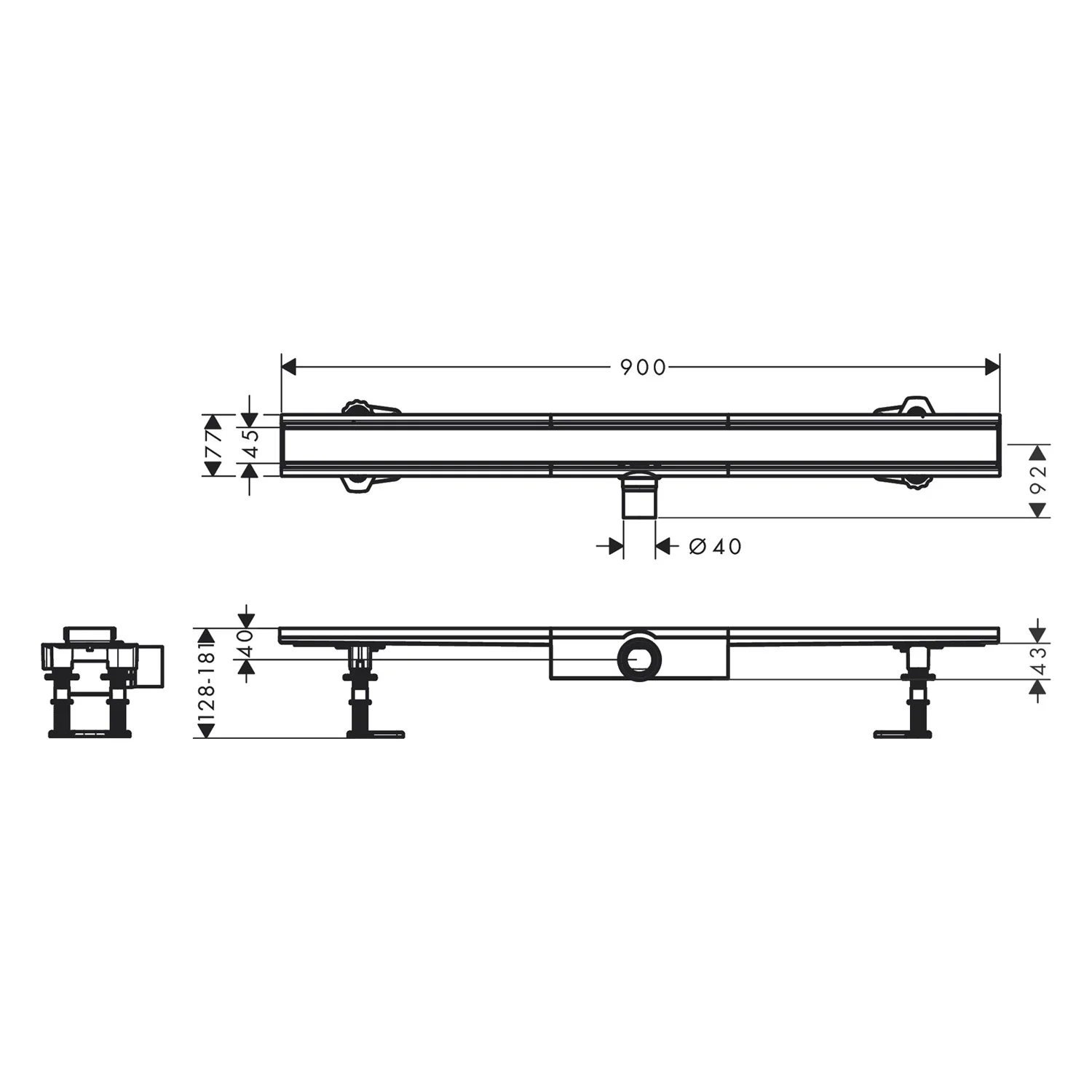 Rysunek techniczny odpływu prysznicowego 90 cm, hansgrohe