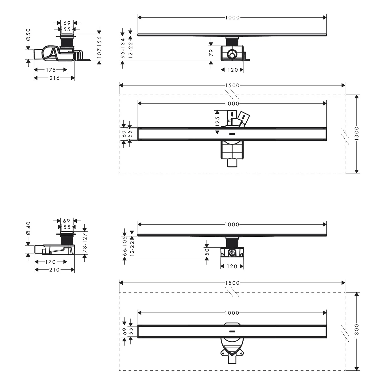 Rysunek techniczny odpływu prysznicowego 1000 mm, hansgrohe