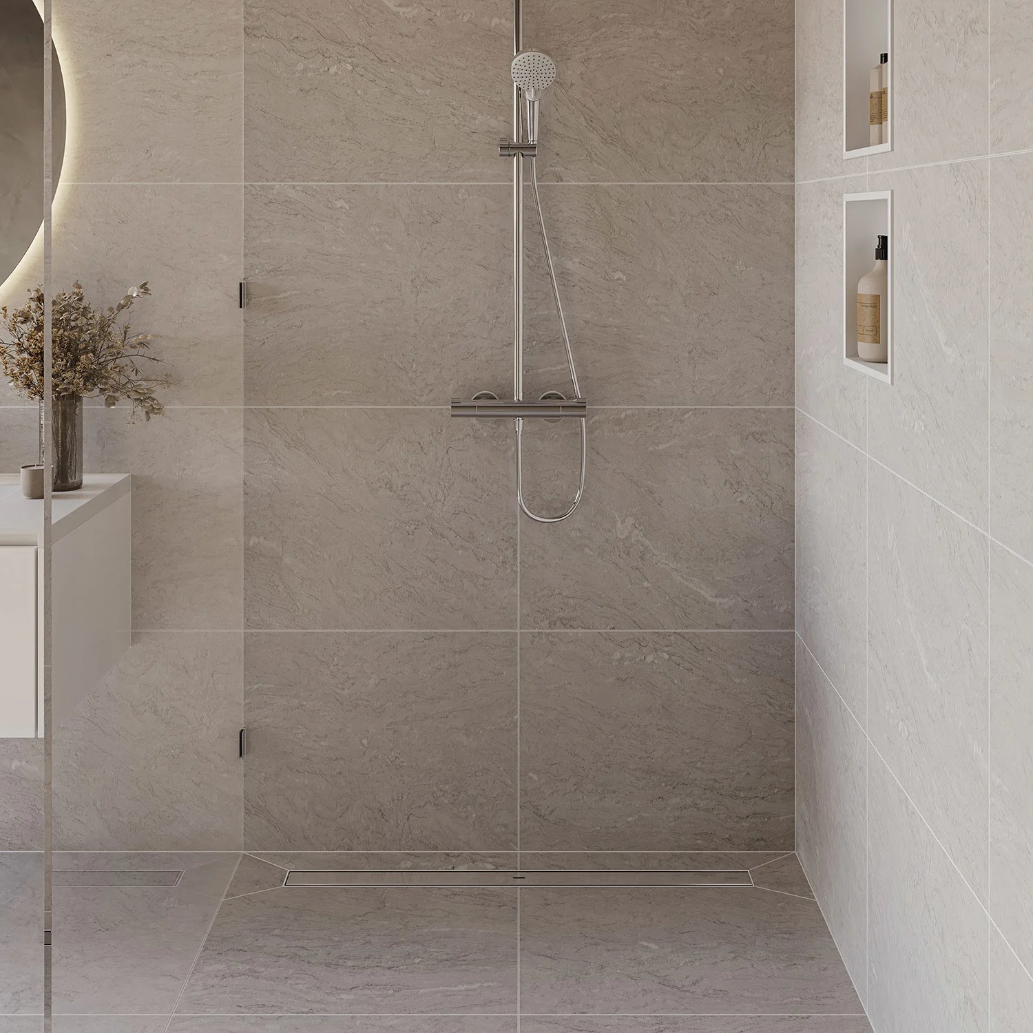 Nowoczesny prysznic z szarymi płytkami i odpływem, hansgrohe
